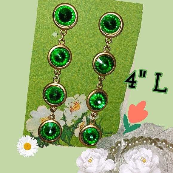 Green Rhinestone Dangle Vintage Earrings - Picture 3 of 14